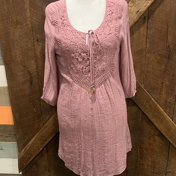 Dusty Rose Bohemian Crochet Lace Mini Dress Tunic L - Picture 1 of 8